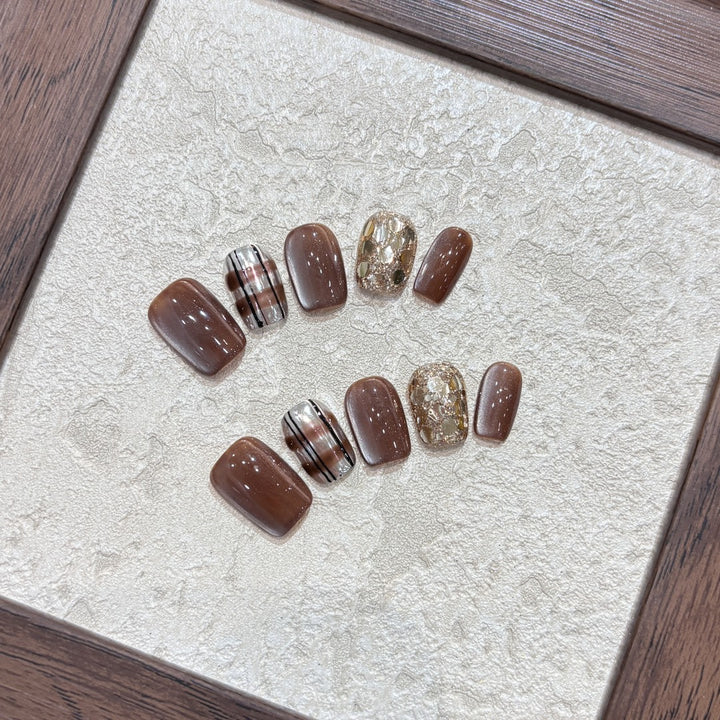 Artificial Nail Set with Glitter and Gold Accents Kalsten