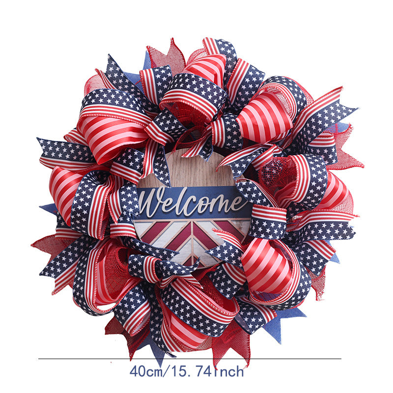 Unisex nan patriotic Americana fabric and wood door wreath with ribbon bows Kalsten