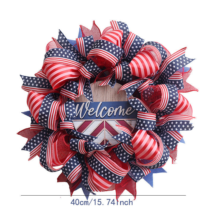 Unisex nan patriotic Americana fabric and wood door wreath with ribbon bows Kalsten