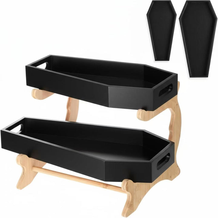 Sarg-shaped two-tier serving tray set with bamboo stand