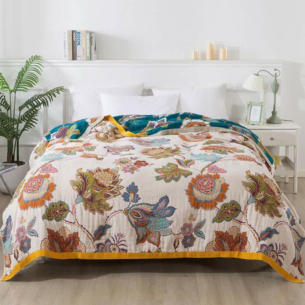 Reversible Cotton Blanket, Dual-Sided Floral Design, Lightweight
