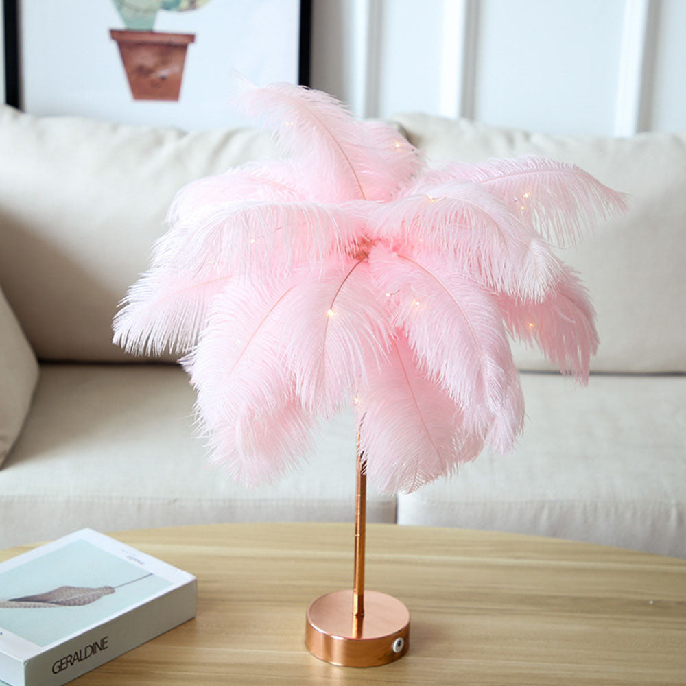 Ostrich Night Light | Eccentric Lamp with Feathers & Rose Gold Base | Kalsten
