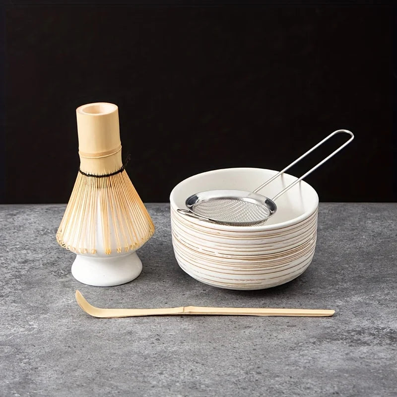 Matcha Whisk Set Green 6-Piece Pottery Matcha Bowl and Whisk for Authentic Tea Experience-5