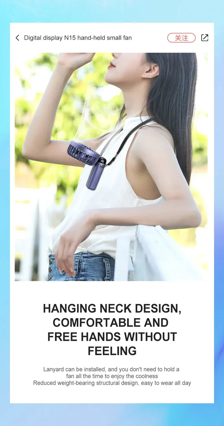 5000mAh Handheld Mini Fan – Wireless USB Rechargeable Portable Fan with Digital Display, Phone Holder, 5-Speed Foldable Neck Hanging Fan | Kalsten