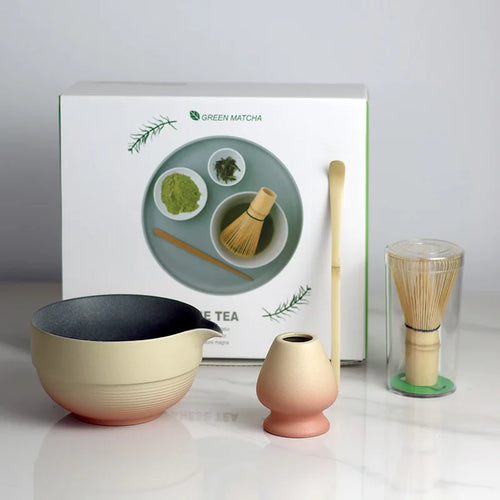 Japanese Matcha Bowl Set with Spout Ombre Medium Ceramic Includes Whisk and Scoop
