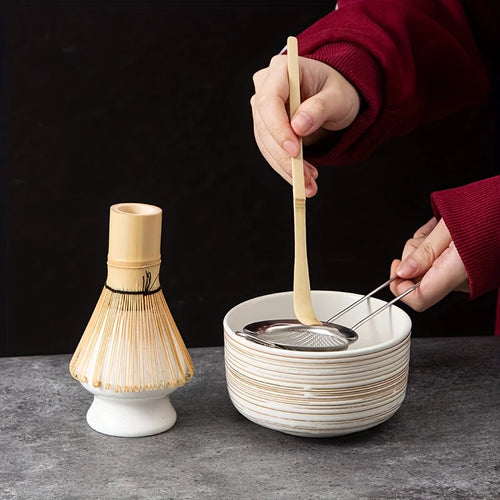 Matcha Whisk Set Green 6-Piece Pottery Matcha Bowl and Whisk for Authentic Tea Experience