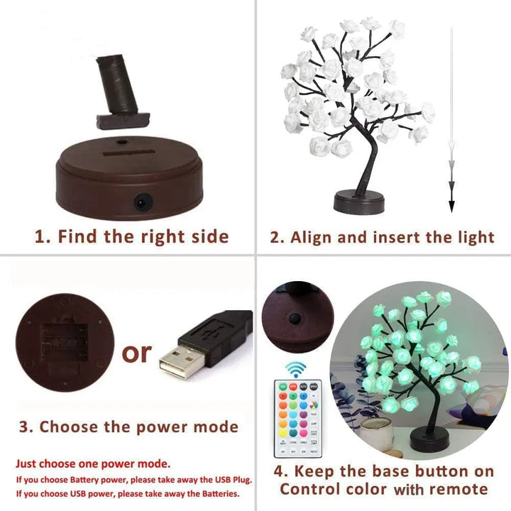 RGB Rose Flower Tree Lights 24LED USB Battery Table Lamp Fairy Night Light Home Party Christmas Wedding Bedroom Decoration Gift | Noxord