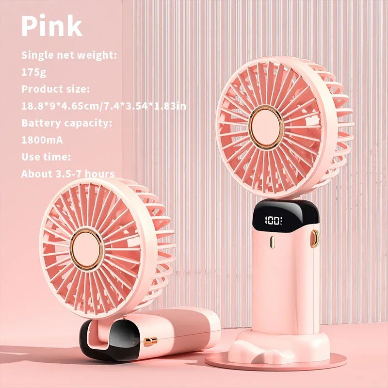 Handheld Mini Fan – 3000mAh Foldable Portable Desk & Neck Hanging Fan with 5 Speeds, USB Rechargeable & Phone Stand Display | Kalsten