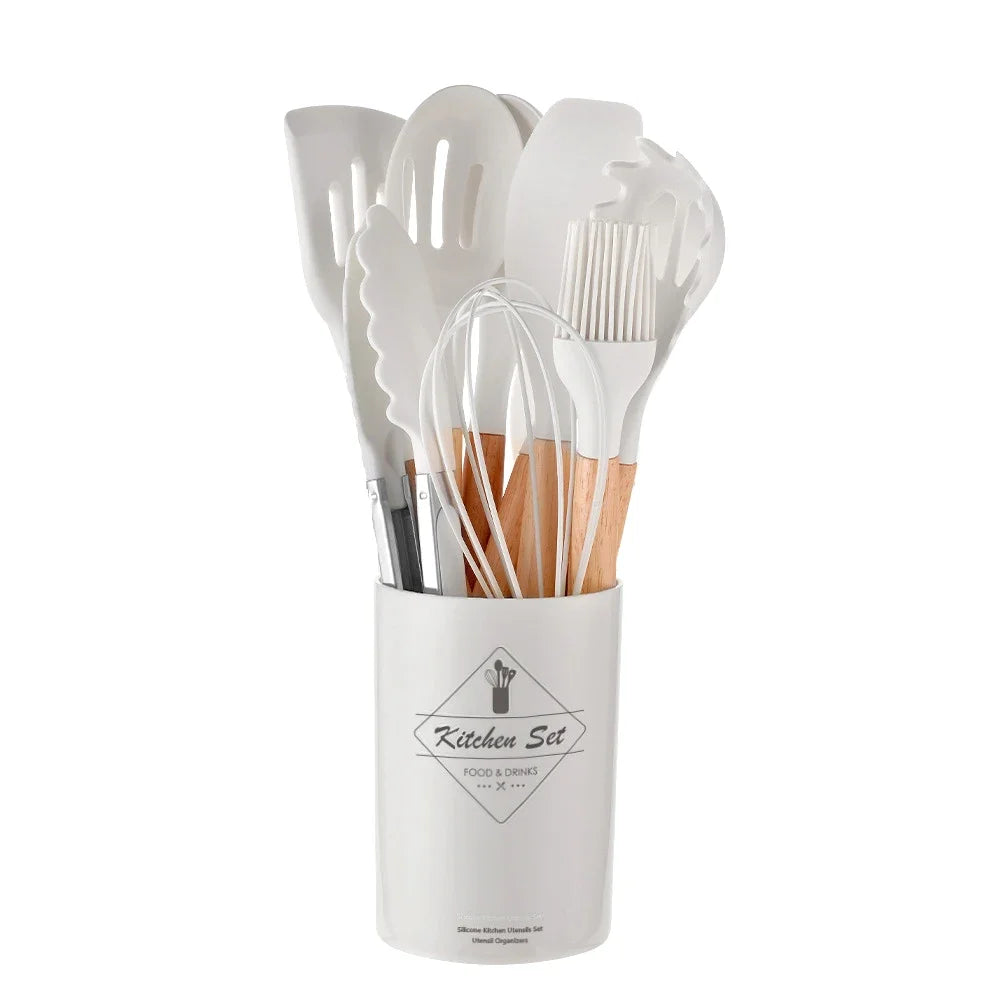 12-piece silicone cooking utensils set with wooden handles | Kalsten