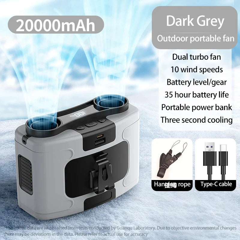 20000mAh Portable Waist Fan – Hanging Neck Fan with Power Bank, Strong Wind, LED Lighting for Sports, Courier, Outdoor Work | Kalsten