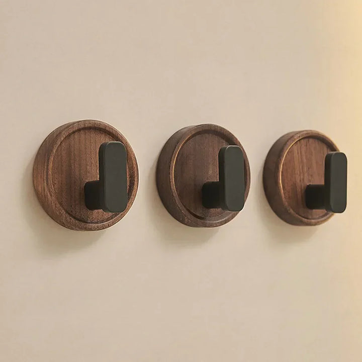 Kalsten | Self-adhesive wooden wall hooks Nordiva WoodCircle | Walnut wood | Decorative hook for keys, towels & clothing | Bathroom, kitchen & hallway
