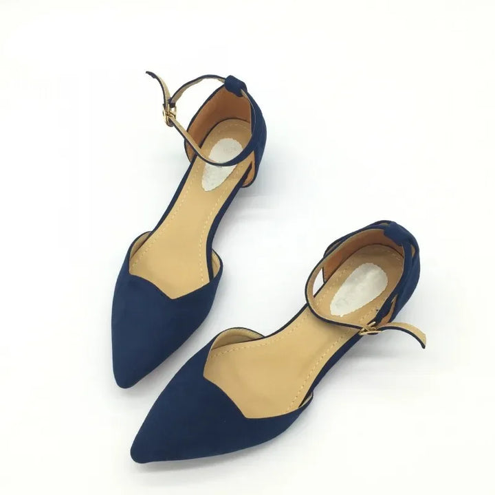 Kalsten | Women's Buckle Straps Low Heels Pumps Pointed Toe Flock D'Orsay Heels Shoes Single Shoe Blue