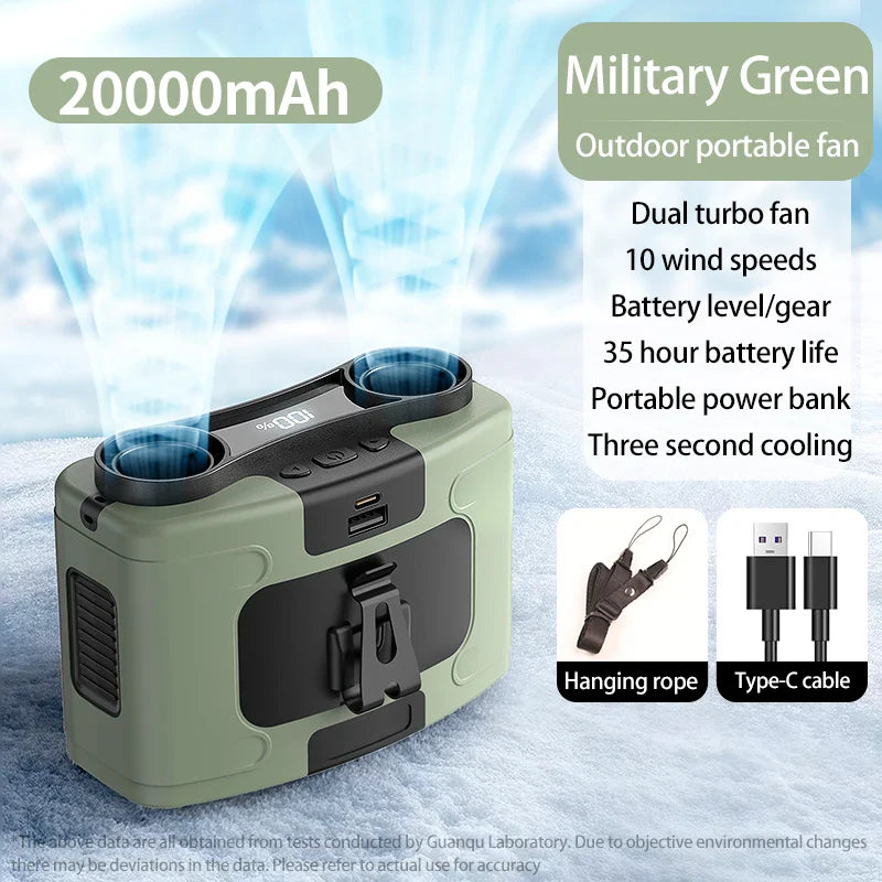20000mAh Portable Waist Fan – Hanging Neck Fan with Power Bank, Strong Wind, LED Lighting for Sports, Courier, Outdoor Work | Kalsten