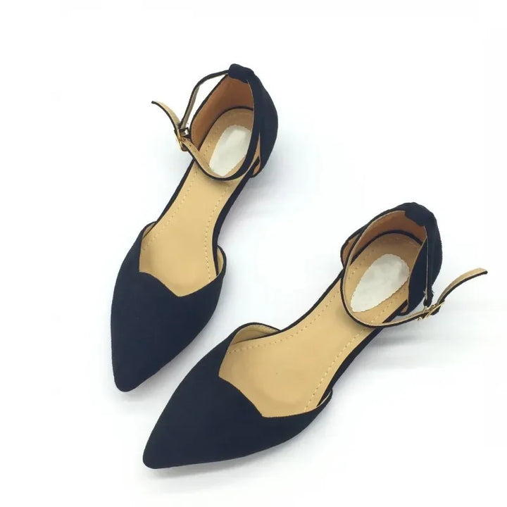 Kalsten | Women's Buckle Straps Low Heels Pumps Pointed Toe Flock D'Orsay Heels Shoes Single Shoe Blue