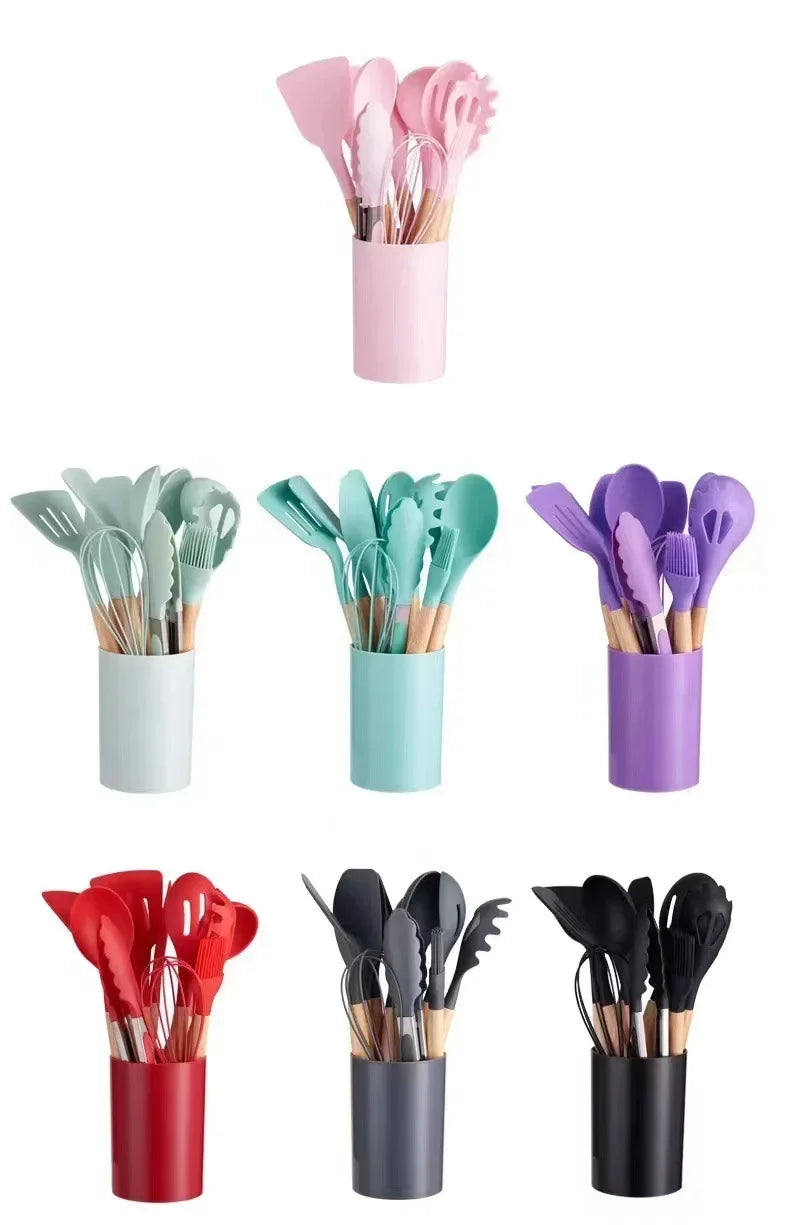 12-piece silicone cooking utensils set with wooden handles | Kalsten