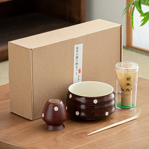 Ceramic Matcha Teaware Set Dark Red Standard Size Ceramic with Cherry Blossom Design