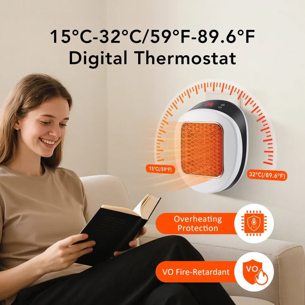 Kalsten | ThermoLux Mini Wall Heater 600W | Compact Electric Heater with Remote Control | Wall Socket Heater with Thermostat & Timer | Quick Heat in 3 Seconds