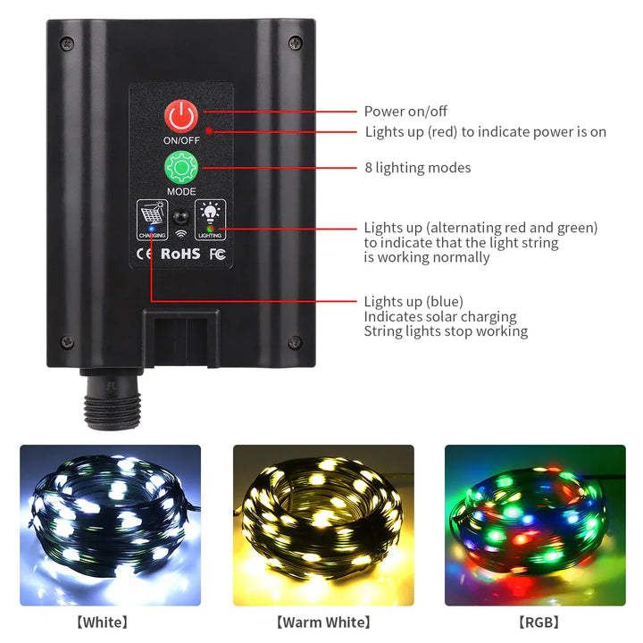 Kalsten | Solar String Lights 100M LumiSol ProLine | 8 Modes | IP65 Waterproof | Extra Bright LEDs | Remote Control & Fast Charging | For Garden, Wedding & Christmas