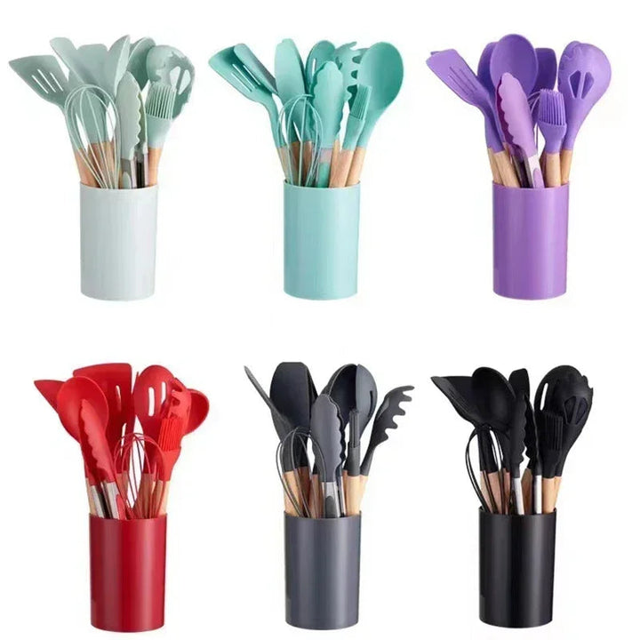 12-piece silicone cooking utensils set with wooden handles | Kalsten