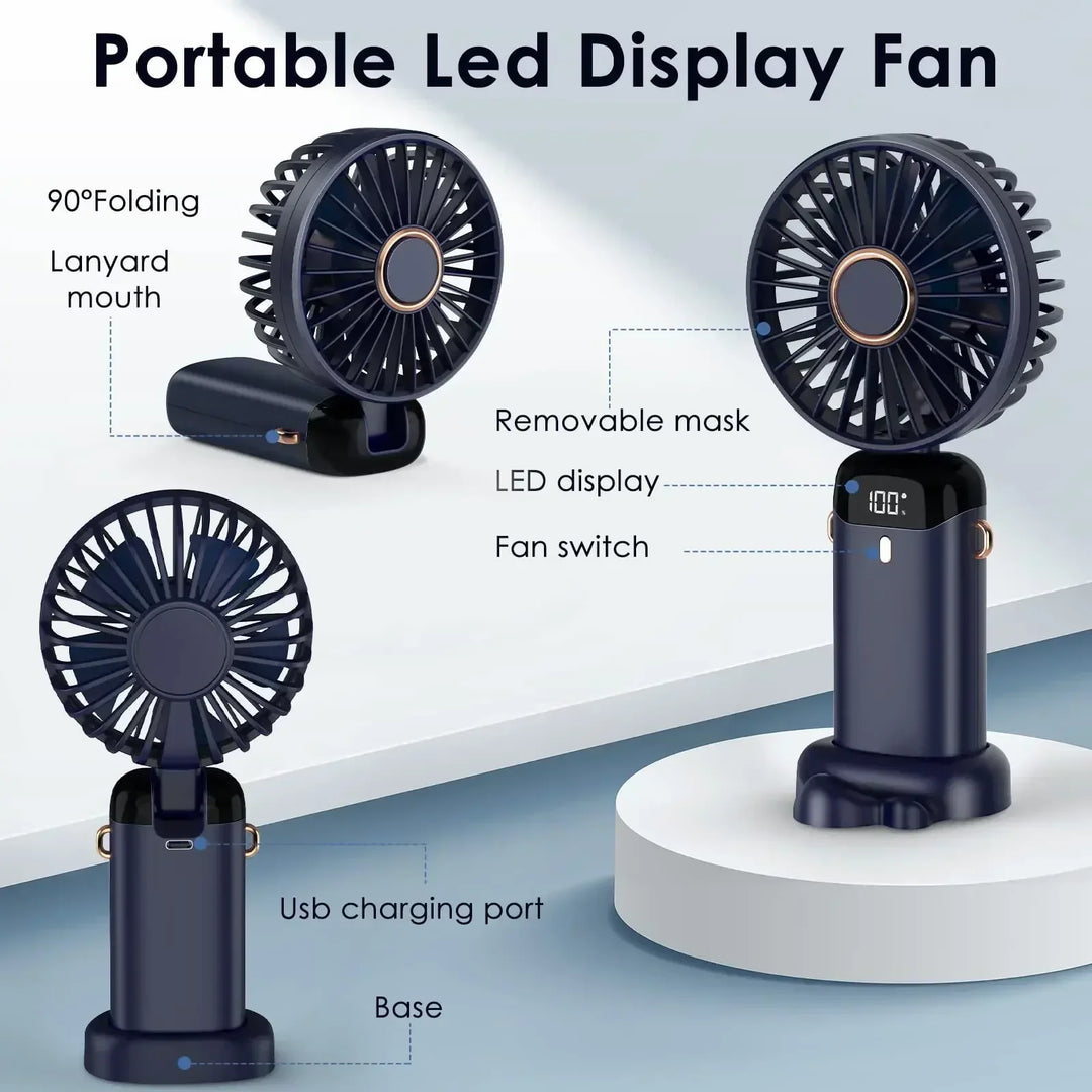 5000mAh Handheld Mini Fan – Wireless USB Rechargeable Portable Fan with Digital Display, Phone Holder, 5-Speed Foldable Neck Hanging Fan | Kalsten