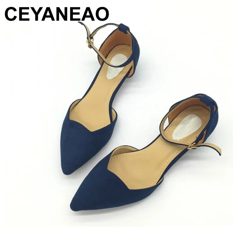Kalsten | Women's Buckle Straps Low Heels Pumps Pointed Toe Flock D'Orsay Heels Shoes Single Shoe Blue