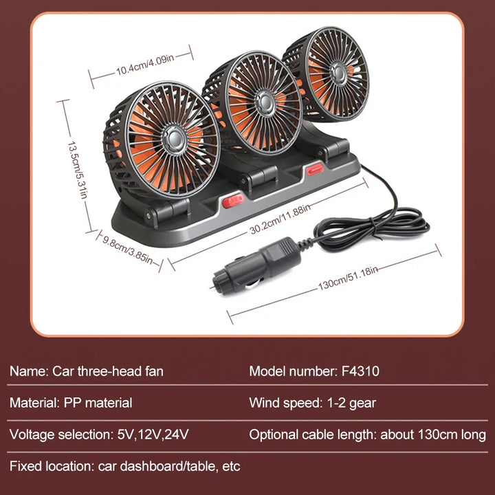 360° Adjustable Car Fan - 3-Head Automotive Electric Fan - USB/12V/24V - 2 Speeds - Silent Cooling for Home, Desk, Office & Car | Kalsten