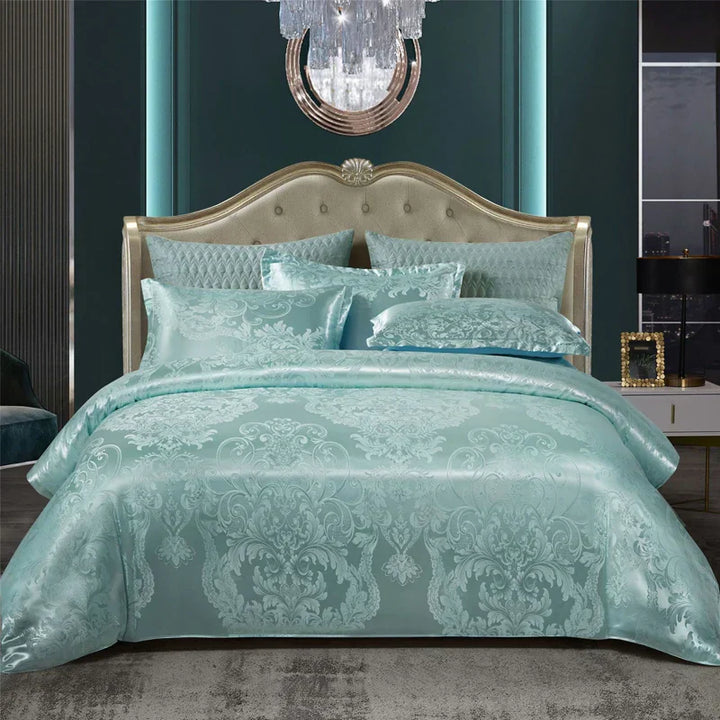 Kalsten | Luxurious Satin Rayon Jacquard Duvet Cover in Gold & Blue