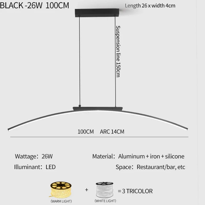Modern Contemporary LED Dining Room Pendant Light | Sleek Arc Hanging Lamp, Adjustable Brightness | Kalsten