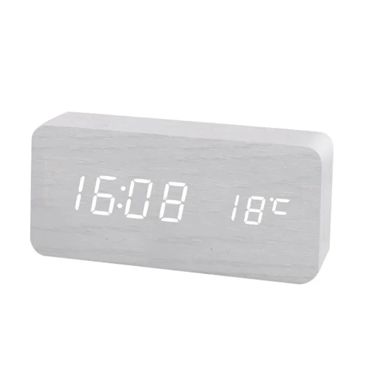 Minimalist LED wooden clock with temperature display, wireless charging function and digital time display – Ideal for bedroom and office | Kalsten