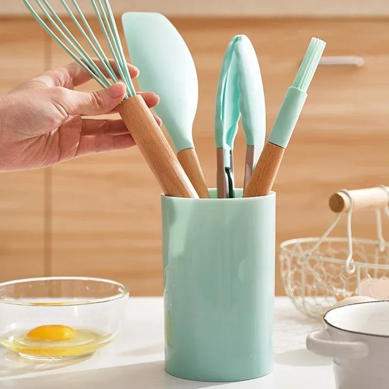 12-piece silicone cooking utensils set with wooden handles | Kalsten