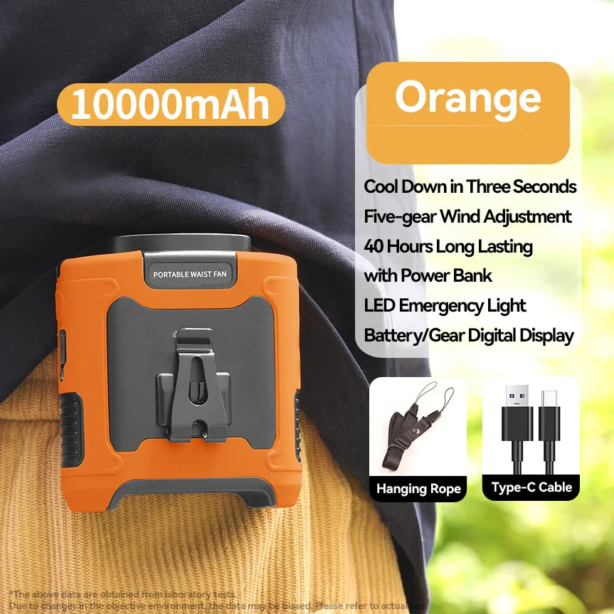 20000mAh Portable Waist Fan – Hanging Neck Fan with Power Bank, Strong Wind, LED Lighting for Sports, Courier, Outdoor Work | Kalsten