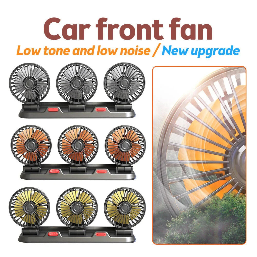 360° Adjustable Car Fan - 3-Head Automotive Electric Fan - USB/12V/24V - 2 Speeds - Silent Cooling for Home, Desk, Office & Car | Kalsten