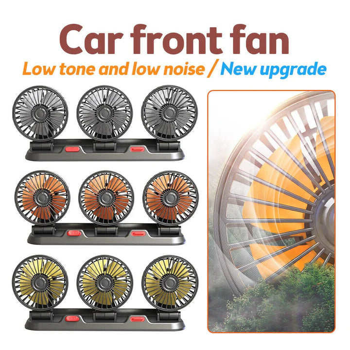 360° Adjustable Car Fan - 3-Head Automotive Electric Fan - USB/12V/24V - 2 Speeds - Silent Cooling for Home, Desk, Office & Car | Kalsten