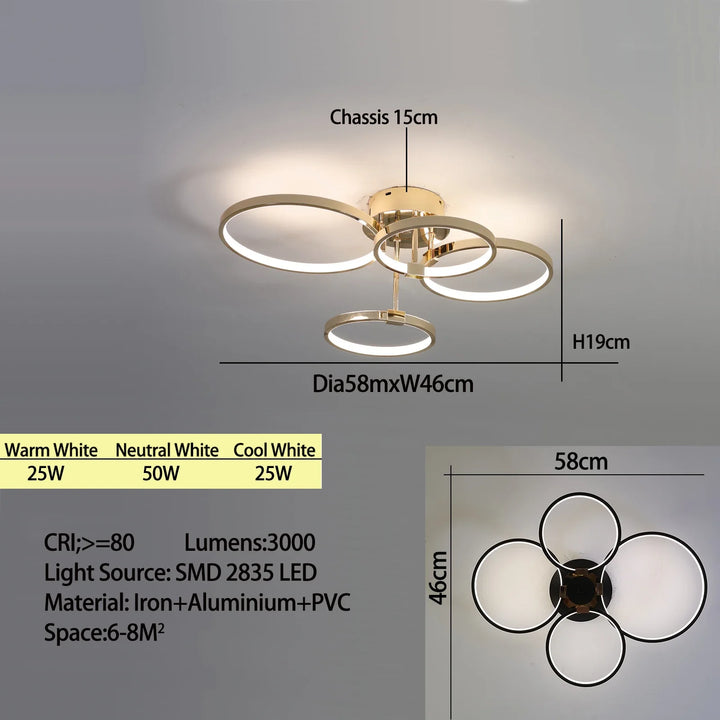 Modern Dimmable LED Ceiling Light – 4/6 Ring Chandelier with Remote Control, Adjustable Color Temperature for Living Room, Bedroom, and Dining Room | Kalsten