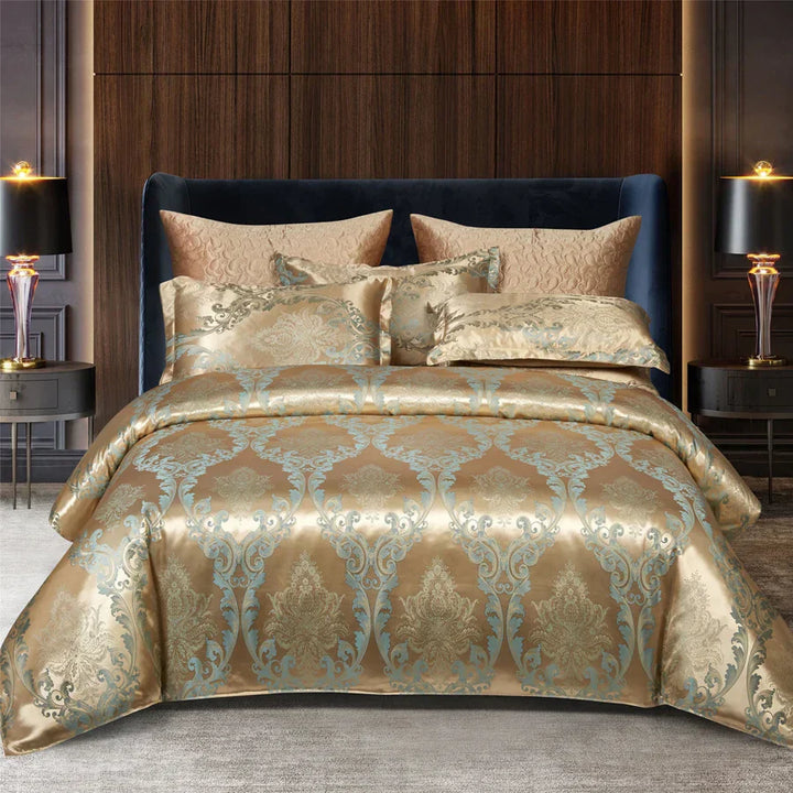 Kalsten | Luxurious Satin Rayon Jacquard Duvet Cover in Gold & Blue