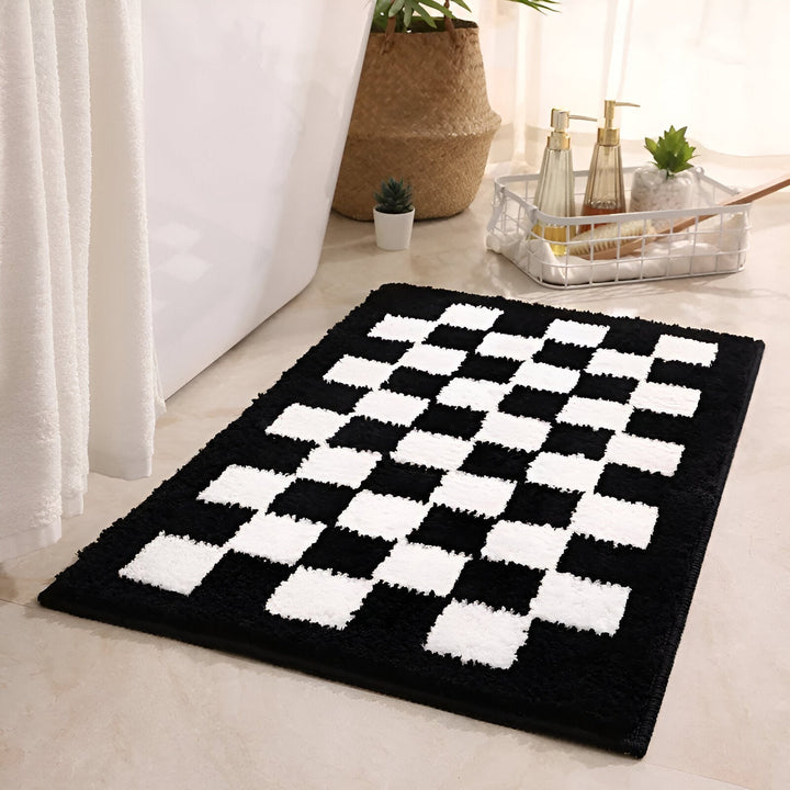 Kalsten | Plush Checkered Microfiber Bath Mat Black and White