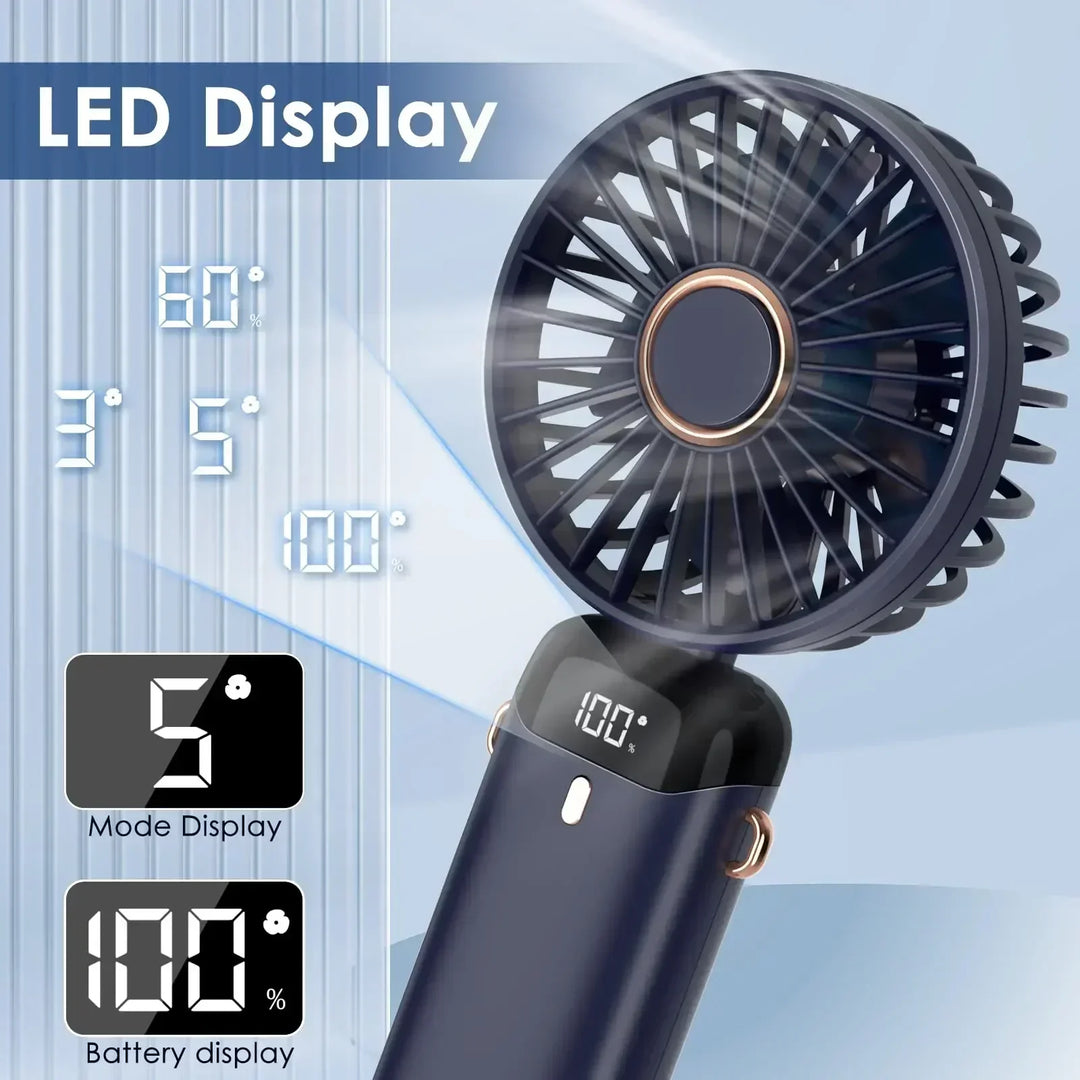 5000mAh Handheld Mini Fan – Wireless USB Rechargeable Portable Fan with Digital Display, Phone Holder, 5-Speed Foldable Neck Hanging Fan | Kalsten