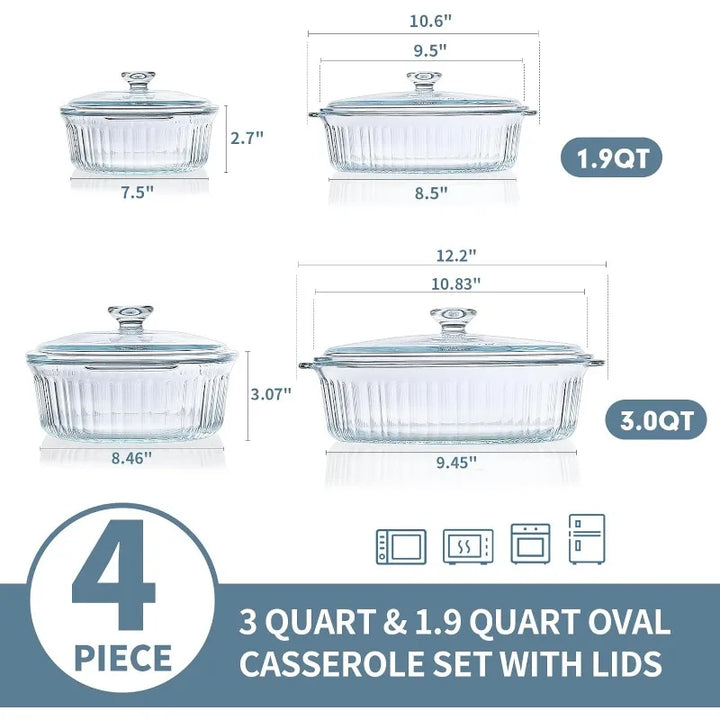 Kalsten | 4-piece Glass Bakeware Set with 2 Bakeware Dishes with Glass Lids, 1.9 Qt and 3 Qt