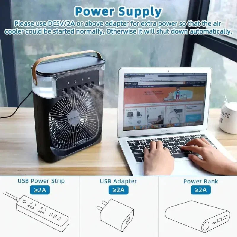 Portable USB Electric Fan with LED Night Light and Water Mist - 3-in-1 Air Humidifier for Home | Kalsten
