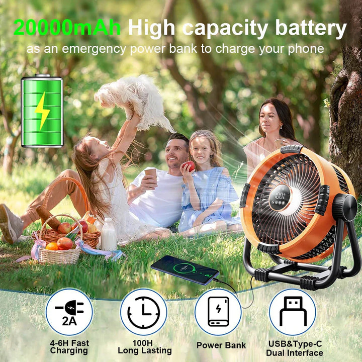 Camping Fan with 20,000mAh Battery, LED Light & Remote Control – WindMate | Kalsten
