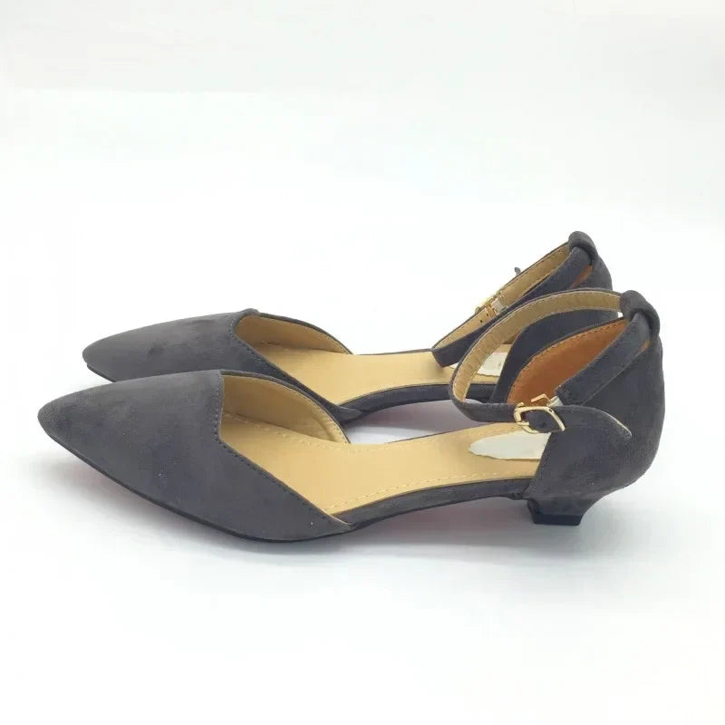 Kalsten | Women's Buckle Straps Low Heels Pumps Pointed Toe Flock D'Orsay Heels Shoes Single Shoe Blue