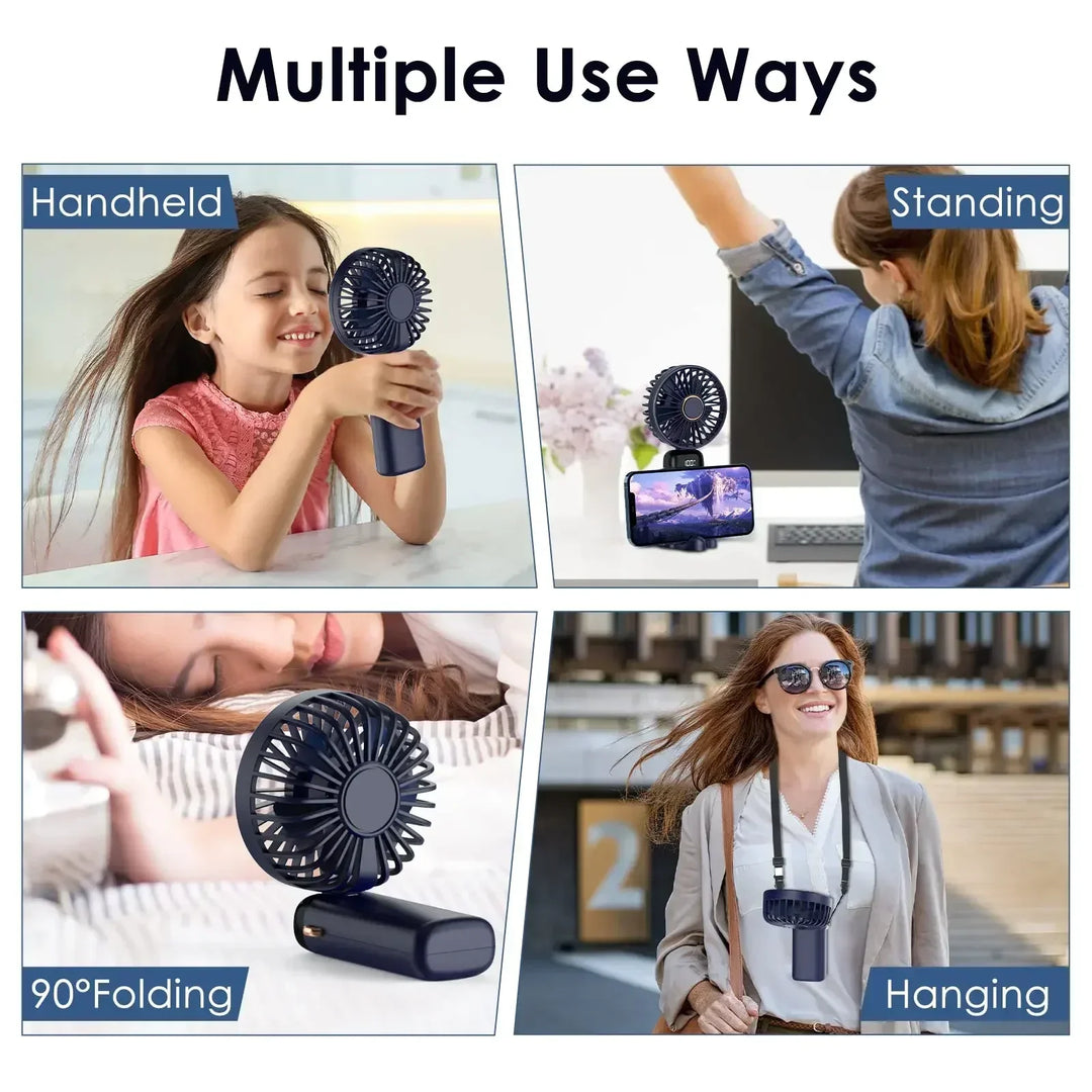 5000mAh Handheld Mini Fan – Wireless USB Rechargeable Portable Fan with Digital Display, Phone Holder, 5-Speed Foldable Neck Hanging Fan | Kalsten