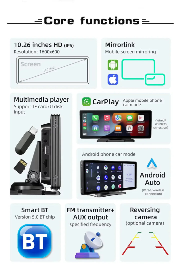 Kalsten | Universal 10.26-Inch (26.06cm) Car Multimedia Player with Wireless CarPlay and Android Auto