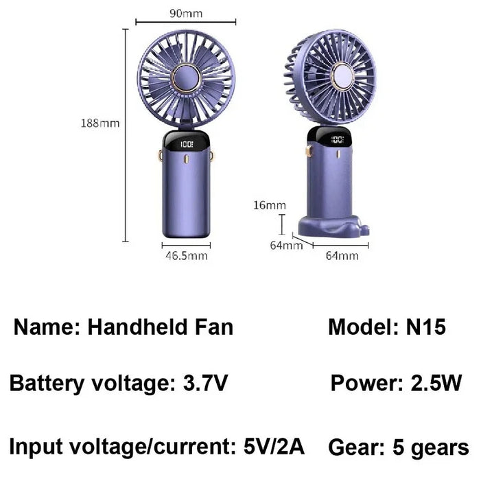 USB Handheld Mini Fan Foldable Portable Neck Hanging Fans 5 Speed USB Rechargeable Fan with Phone Stand and Display Screen | Kalsten