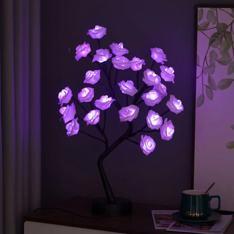 RGB Rose Flower Tree Lights 24LED USB Battery Table Lamp Fairy Night Light Home Party Christmas Wedding Bedroom Decoration Gift | Noxord