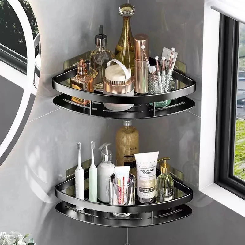 Drill-Free Aluminium Corner Bathroom Shelf