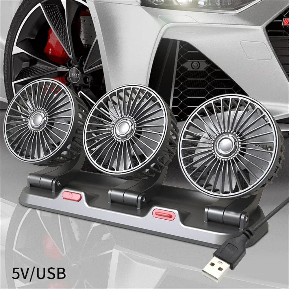 360° Adjustable Car Fan - 3-Head Automotive Electric Fan - USB/12V/24V - 2 Speeds - Silent Cooling for Home, Desk, Office & Car | Kalsten