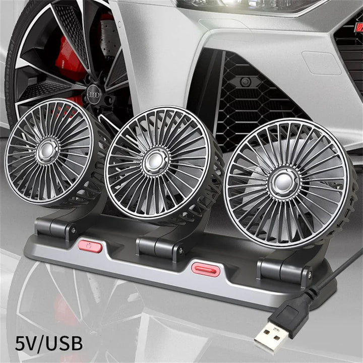 360° Adjustable Car Fan - 3-Head Automotive Electric Fan - USB/12V/24V - 2 Speeds - Silent Cooling for Home, Desk, Office & Car | Kalsten