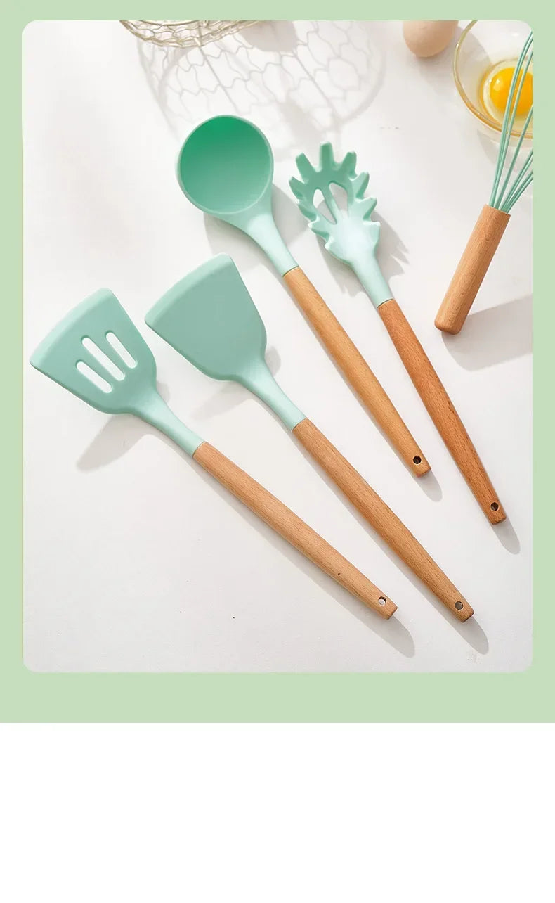 12-piece silicone cooking utensils set with wooden handles | Kalsten