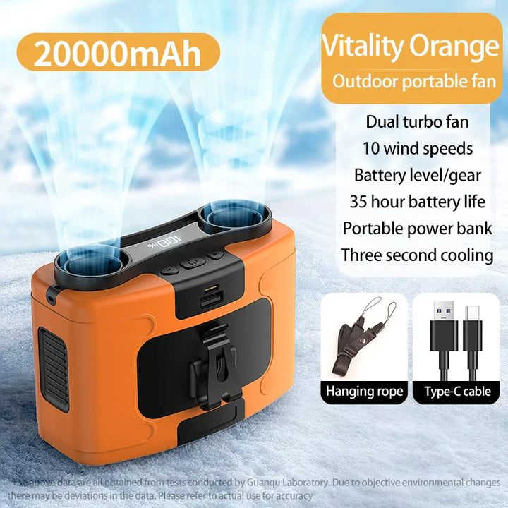 20000mAh Portable Waist Fan – Hanging Neck Fan with Power Bank, Strong Wind, LED Lighting for Sports, Courier, Outdoor Work | Kalsten